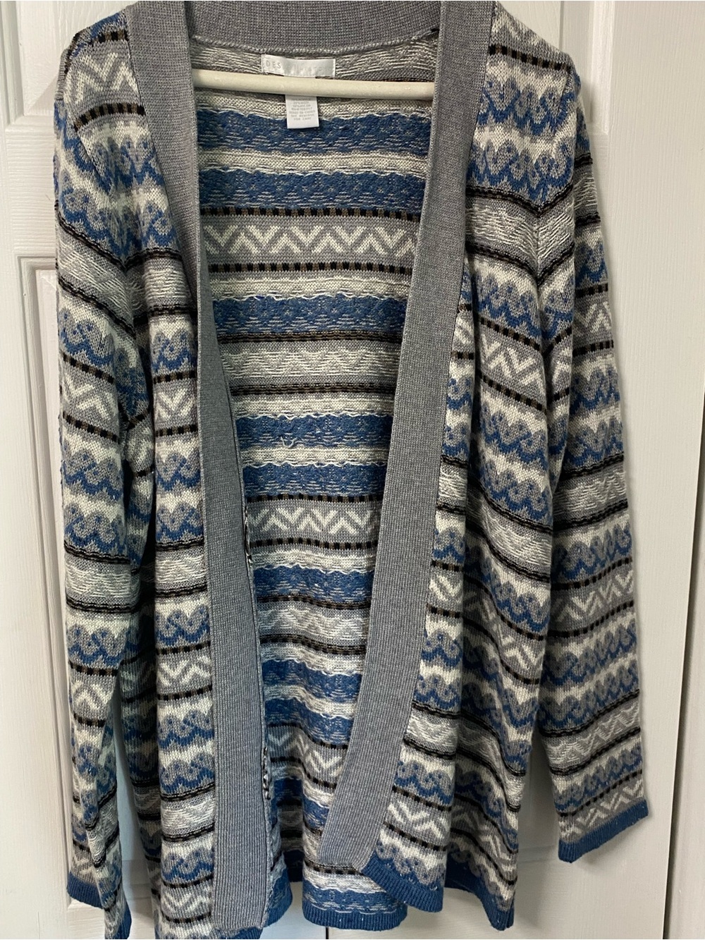 Men's Grey & Blue Patterned Open Cardigan Sweater